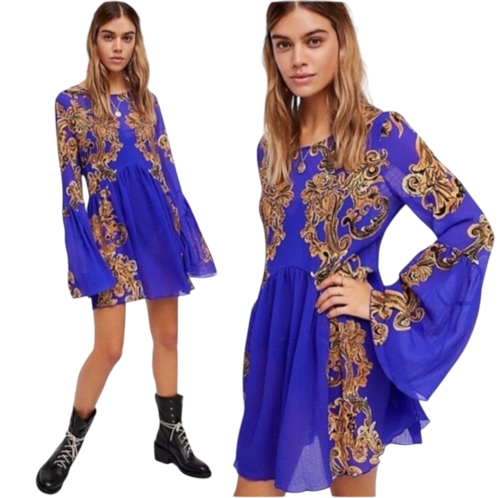 Women's Royal Blue Long Sleeve Printed Mini Dress